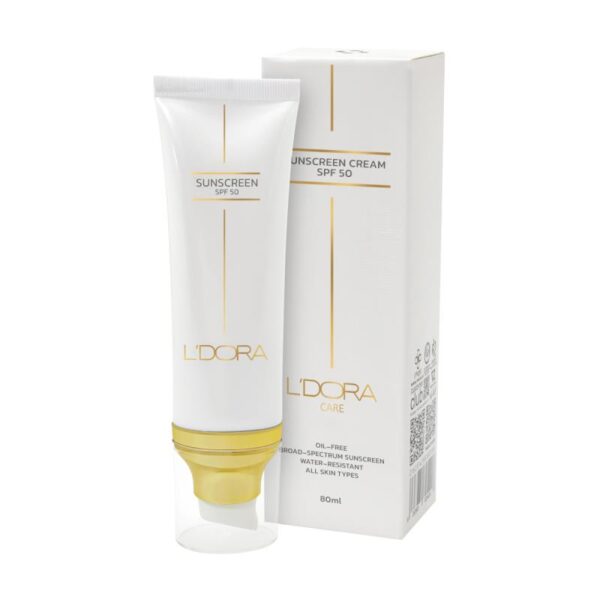 جعبه و محصول کرم ضدآفتاب SPF50 بی رنگ مناسب انواع پوست لدورا کر ۸۰ میلی لیتر