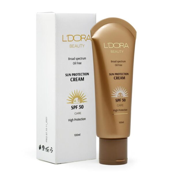 محصول همراه با جعبه کرم ضدآفتاب بدون رنگ و فاقد چربی SPF50 لدورا 100 میلی لیتر