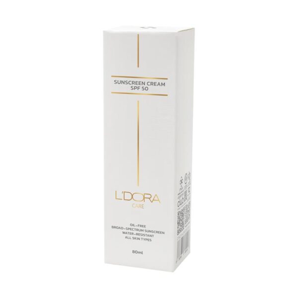 کرم ضدآفتاب SPF50 بی رنگ مناسب انواع پوست لدورا کر ۸۰ میلی لیتر جعبه