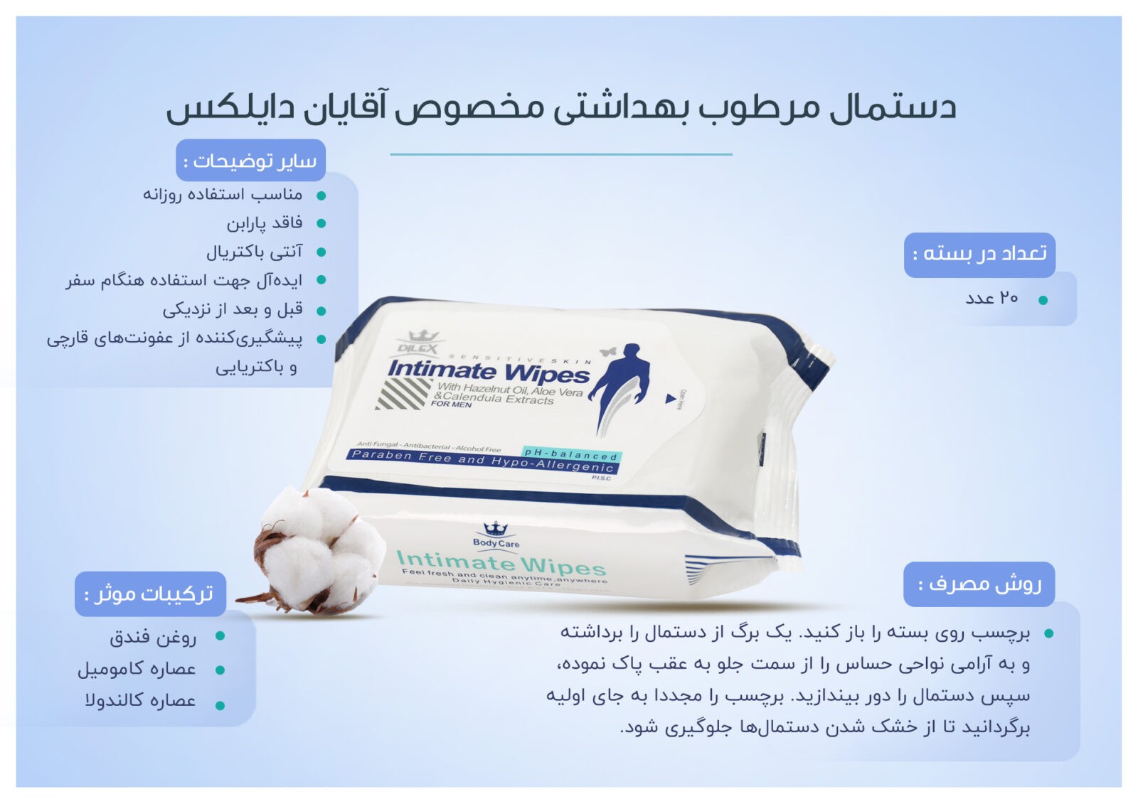 دستمال مرطوب بهداشتی مخصوص آقایان دایلکس 20 عددی 2 - مرطوب آقایان لدورا مناسب برای نواحی حساس بروشور دستمال مرطوب آقایان لدورا مناسب برای نواحی حساس بروشور